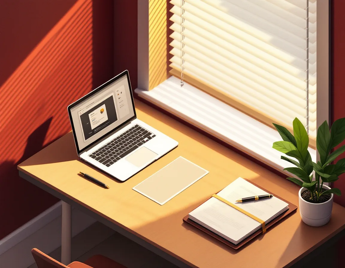 Isometric illustration of a quiet desk in Lauderhill: a laptop mid screen-share, a ribbon-tied report and a hardware security key