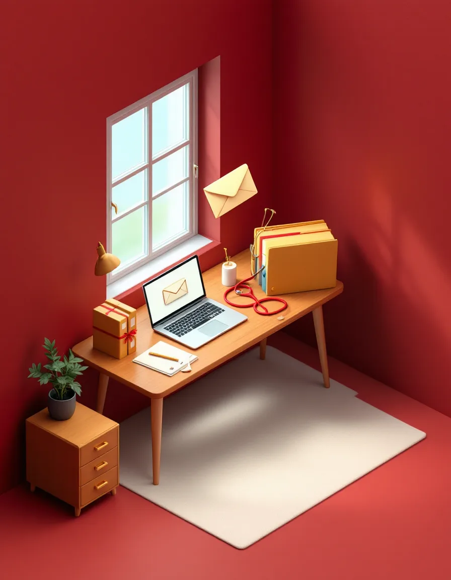 Isometric illustration of a small office where a single envelope drifts out of a laptop toward an open window